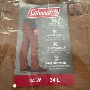 NWT Coleman Toffee Brown Tear Free Fleece Lined Utility Pants Size 34 x 34  $90